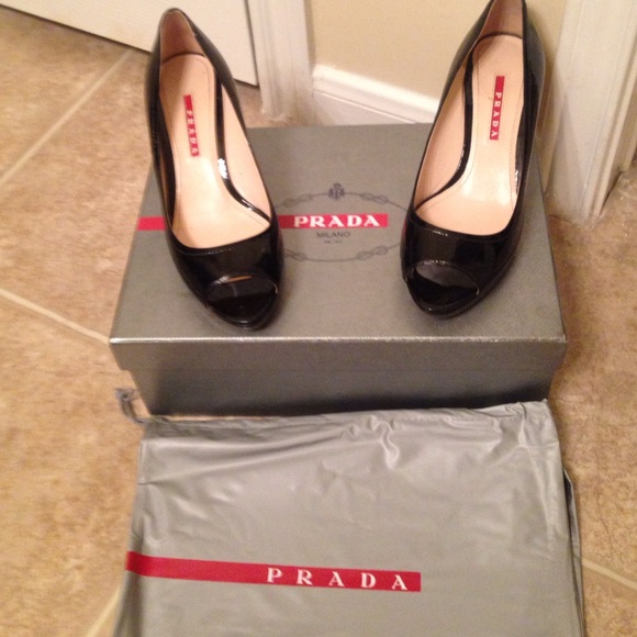 Sold❌Patent leather peep toe Prada wedges