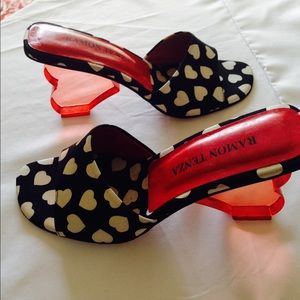 Black & White sip on shoes with red lucite heels