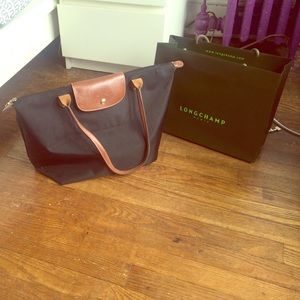 Black Le Pliage large black tote (w/ gold accents)