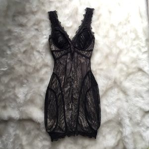 Bebe Deep V Black Nude Lace Dress