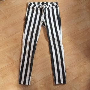 Black and white striped denim pants