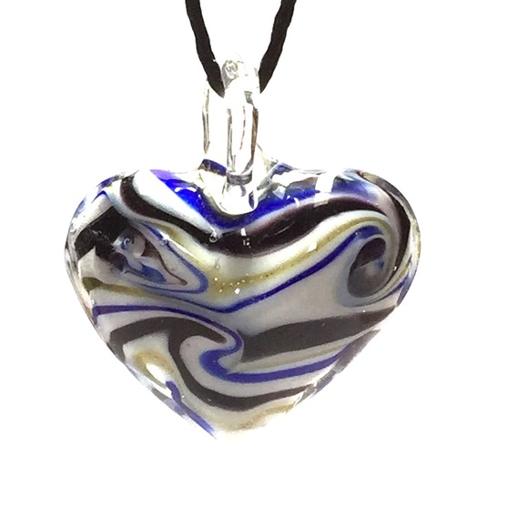 Jewelry -  Blue black white gold heart Glass necklace