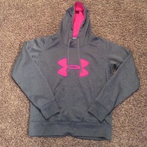 Under armour grey and pink/purple(ish) sweatshirt.