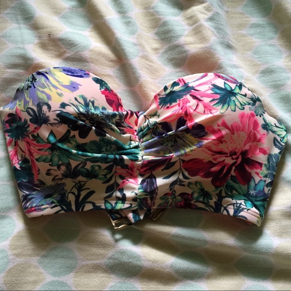 Neon floral & cream bandeau bikini top.