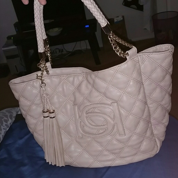 BEBE shoulder duffle baige bag with gold hardware