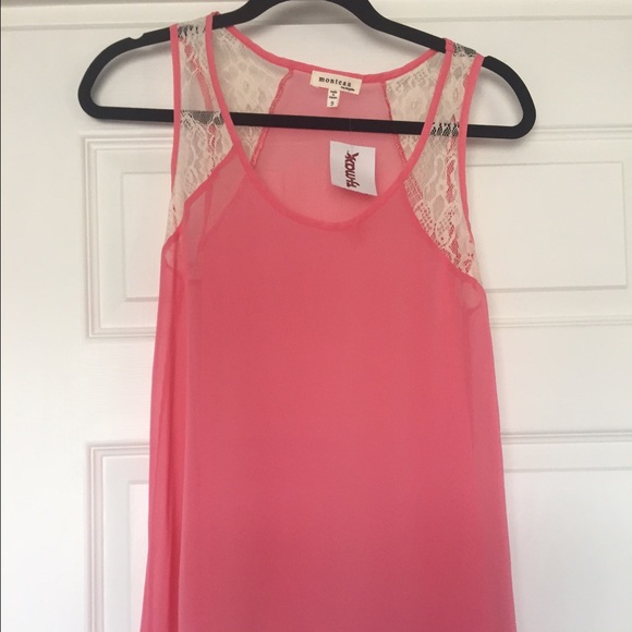 Coral high low see through tank top w/ivory lace
