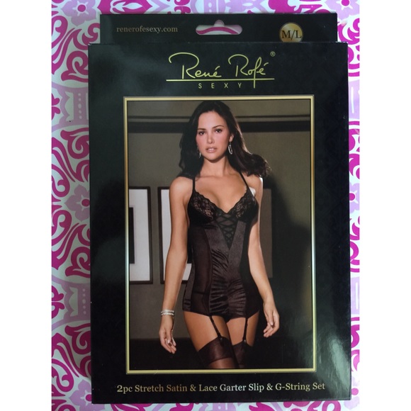 2pc Stretch Satin & Lace Garter Slip & G-String