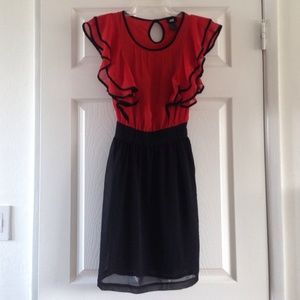 H&M Red and Black Ruffle Chiffon Dress - Size 4