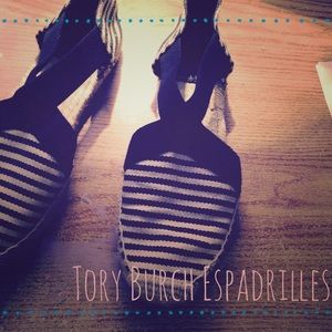 Tory Burch Navy Blue Striped Espadrilles