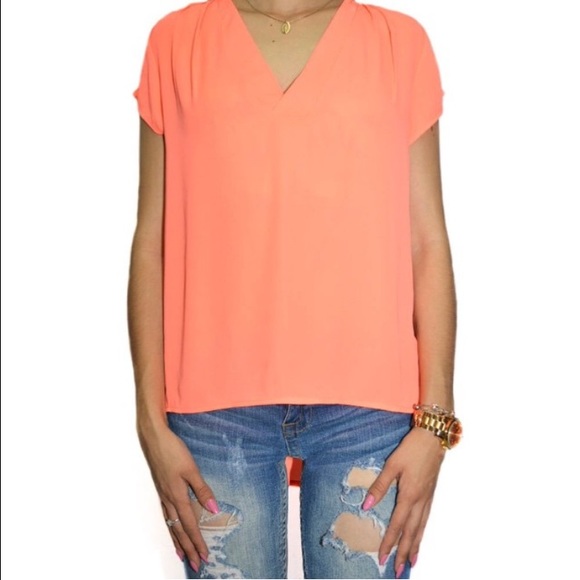 Neon orange v neck chiffon top