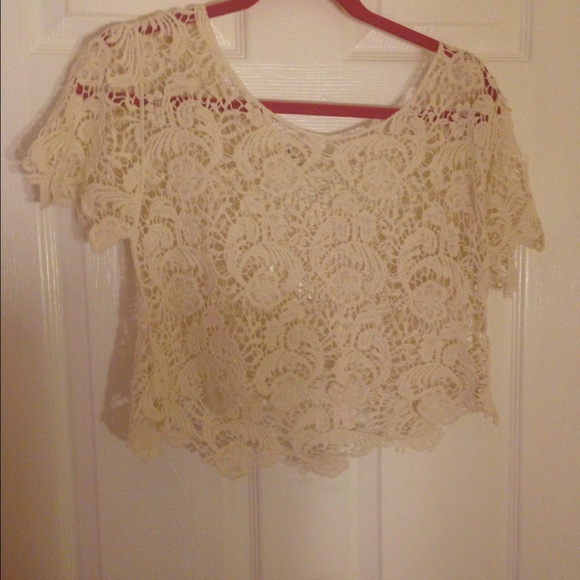 Cream lace-like embroidered crop top