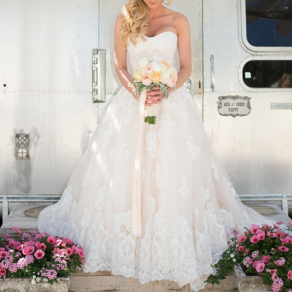 Allure wedding dress, blush pink and ivory lace