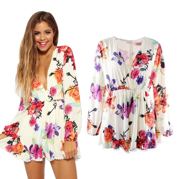 Summer Floral Jumpsuit Romper Deep V Medium