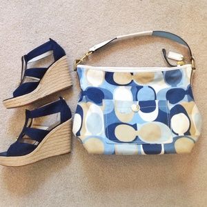 Coach baby blue, navy, tan, and white handbag