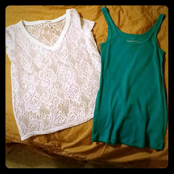 White crocheted shirt and teal tank top set