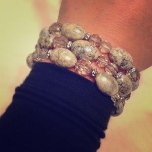 Necklace bracelet set, stone gray , tan, and clear