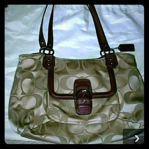 Tan and burgundy coach bag