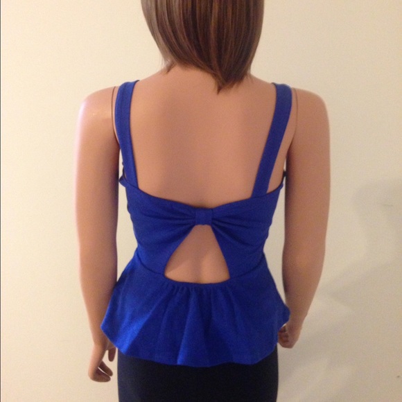 Royal Blue Peek A Boo Bow Open Back Peplum Top - Picture 4 of 4