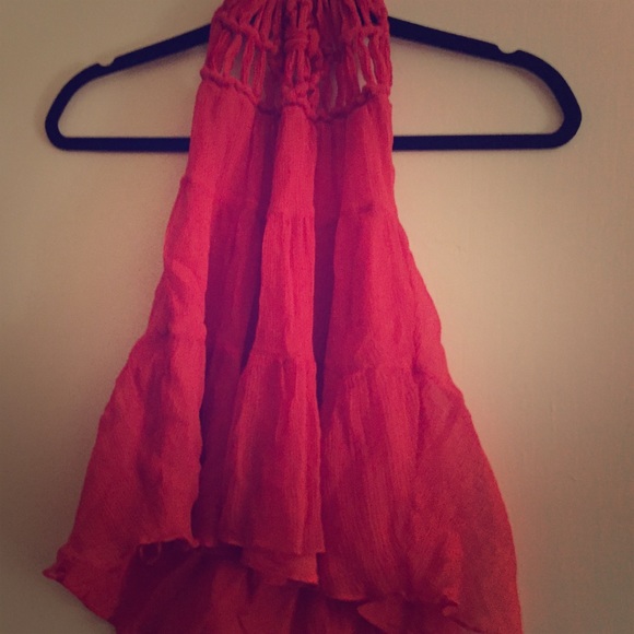 designer red open back shirt