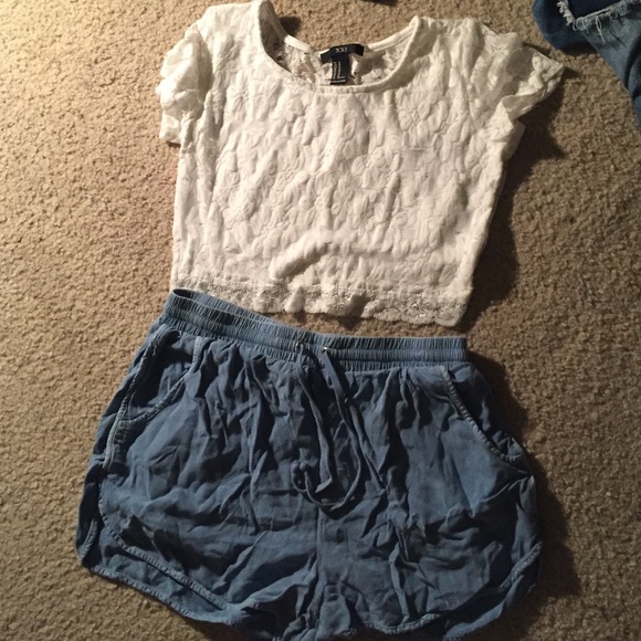 Lace Top and Blue Shorts Set