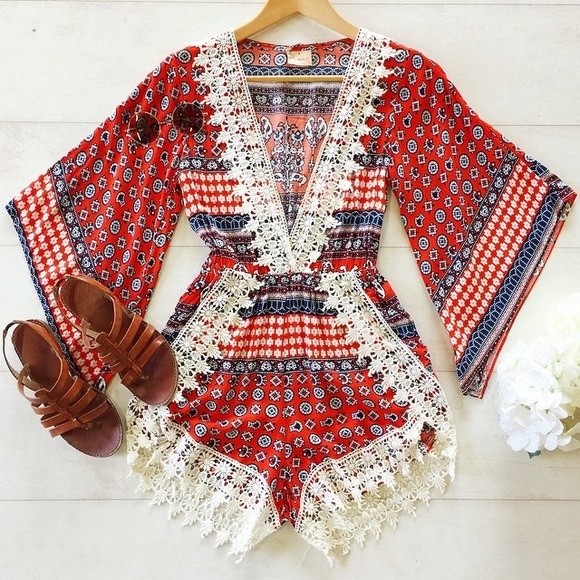 Boutique Dresses & Skirts - Americana Crochet Trim Romper Playsuit