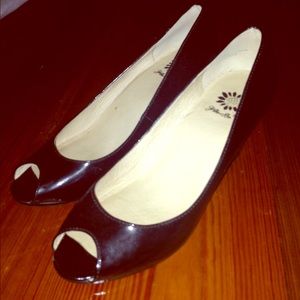 Yellow Box Peep-Toe Black Patent Wedges