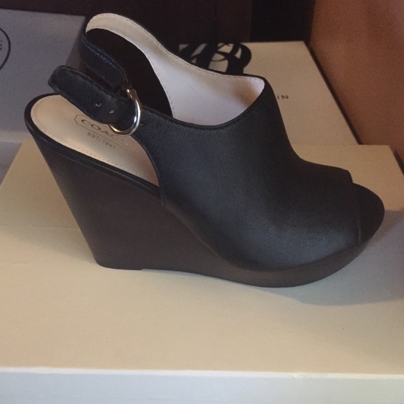 Black leather open toe coach wedge