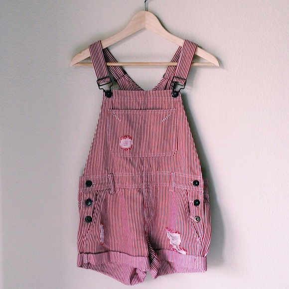 red and white striped overalls shorts