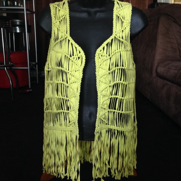 Ark & Co lime green fringed crochet vest