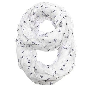 White scarf with navy blue anchor detail