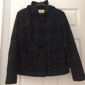 Blue and green plaid pea coat