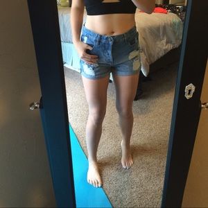 High waisted dark wash denim shorts