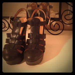 black leather wedges