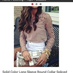 taupe top with lace shoulder and sleeves