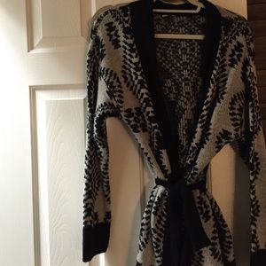 Aztec long open sweater with tie at waist