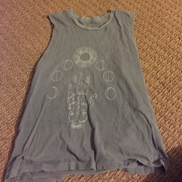 Grey muscle tee with hand, sun and moons