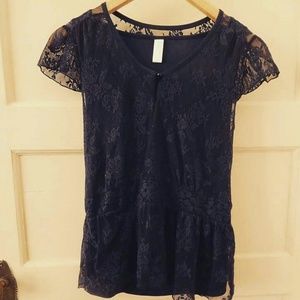 Cute Navy Blue Lace Shirt Top
