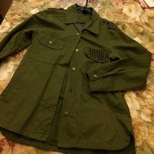 Olive green denim, shirt jacket.
