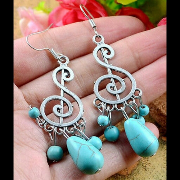 ❌️SOLD Turquoise Silver Music Note Earrings - Picture 2 of 3