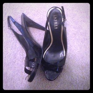 Black patent leather peep-toe sling backs