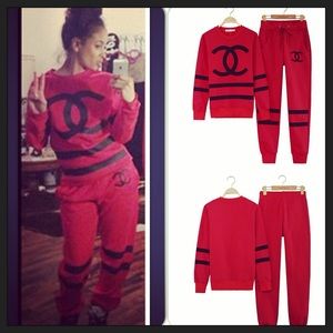 red and black Chanel sweatsuit