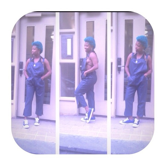 Rehab Pants - Blue pleather overalls  - sz  L (juniors)