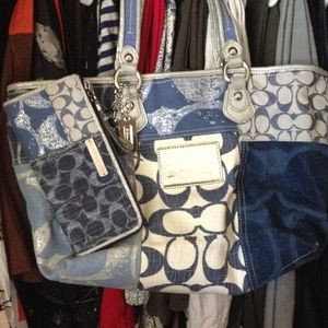 Coach denim color purse and matching wallet.