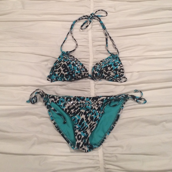 blue cheetah print two-piece bikini