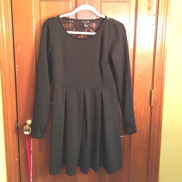 Black Pleated Dress with Lace Back