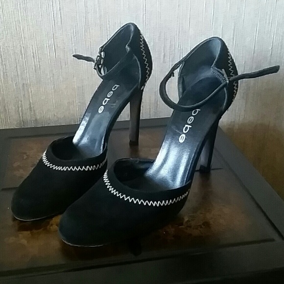 bebe 6.5 black suede ankle strap 4-inch heels