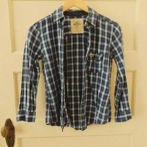 Hollister blue plaid button up shirt top