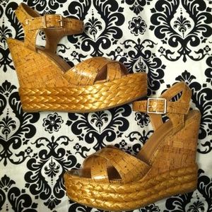 Tan bamboo styled wedges