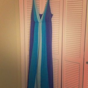 Teal/blue maxi dress, braided straps.