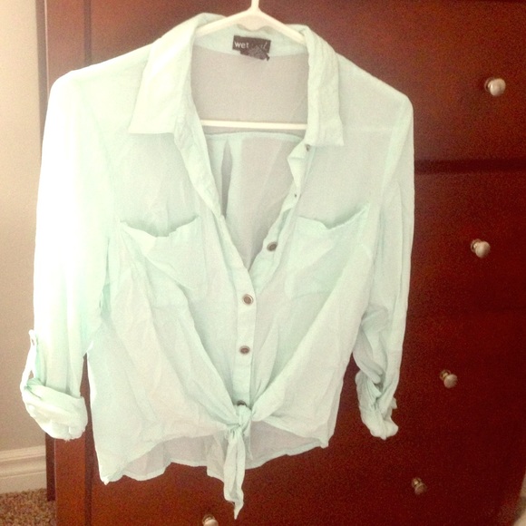 Cute light blue minty belly tie top
